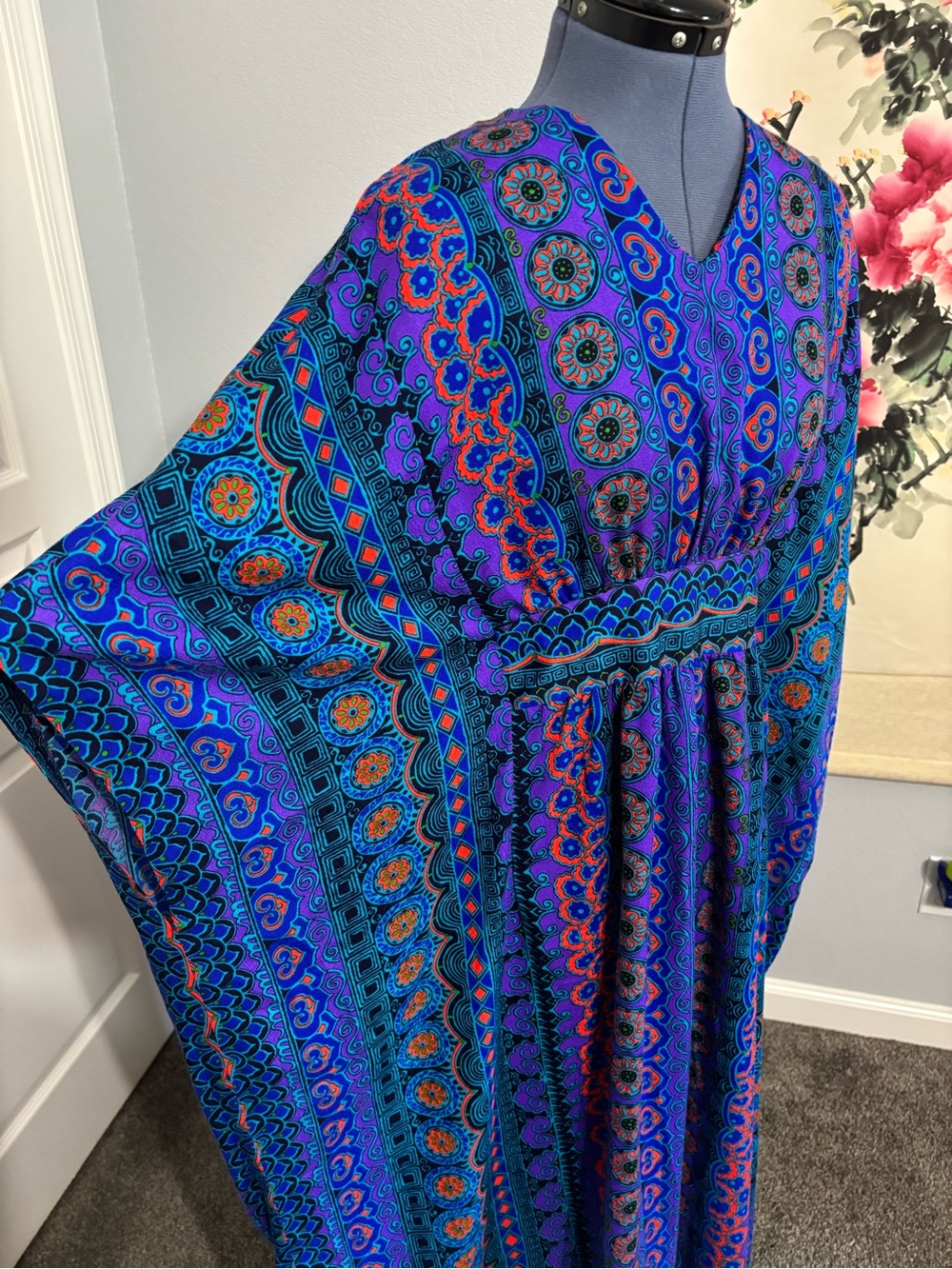 Vintage Psychedelic Neon Caftan V-Neck Maxi Dress - Picture 5 of 9